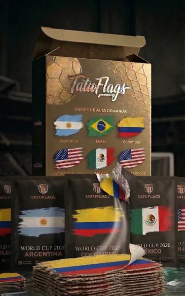 Caja mayorista TatuFlags con sachets Argentina Colombia México USA