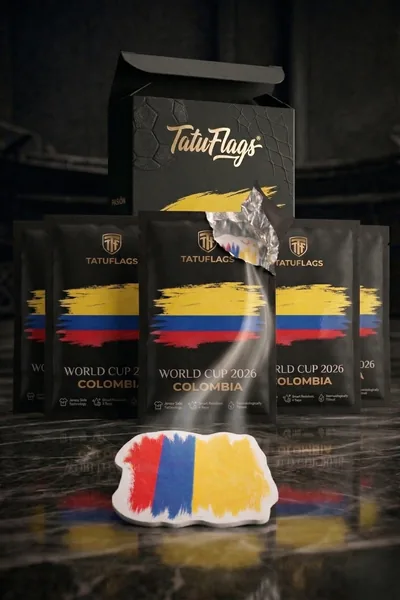 TatuFlags — Caja abierta mostrando 5 sachets y el tatuaje Colombia