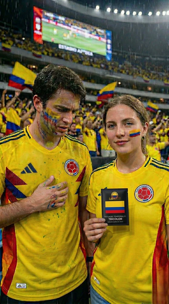 Fans Colombia en estadio — la pintura se corre, TatuFlags no
